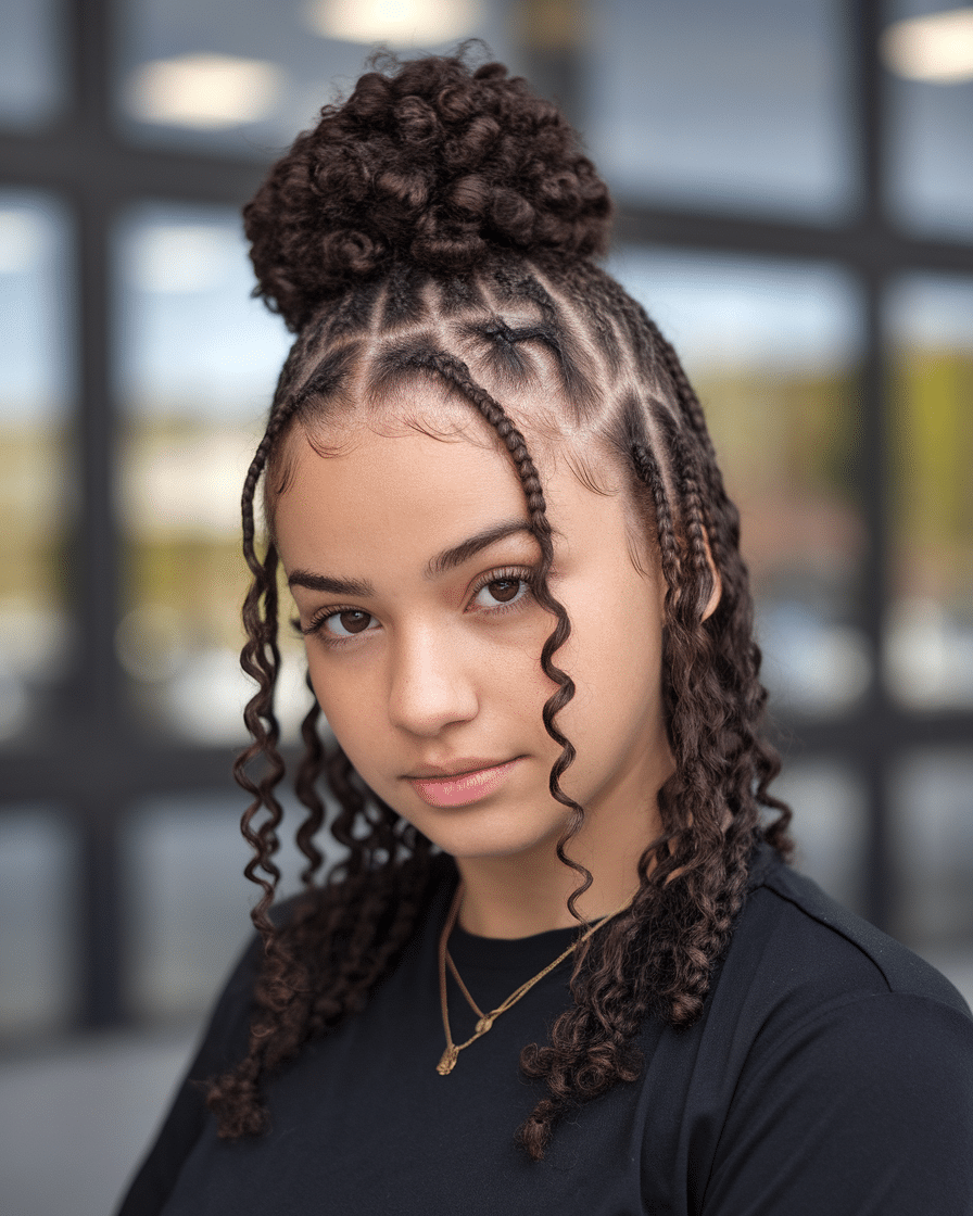 a-photo-of-a-young-female-with-high-bun-_xaz448sQTre1WT1drG6X4g_fvPvhWtfTVaOryv2IS83ZQ Top 25 Stunning Braids Hairstyles: Black Cornrows with Curls