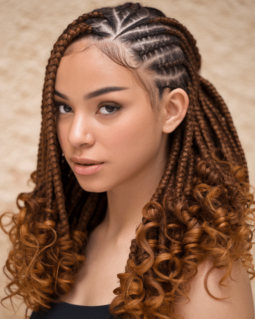 a-photo-of-a-young-female-with-side-swep_j9KcGqrISbSwlfQpQaAIdw_7VKbxiGyTGGKMebui2_3jg Top 25 Stunning Braids Hairstyles: Black Cornrows with Curls