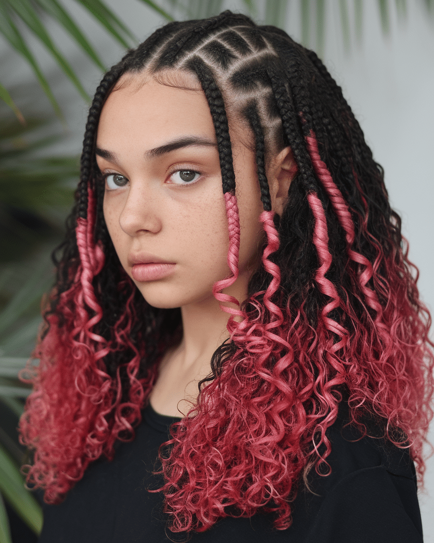 a-photo-of-a-young-female-with-small-cor_mNljNET0QNeGU-8AvBvmEw_wjOqgRvVQf6fPx9aXSkn2Q Top 25 Stunning Braids Hairstyles: Black Cornrows with Curls