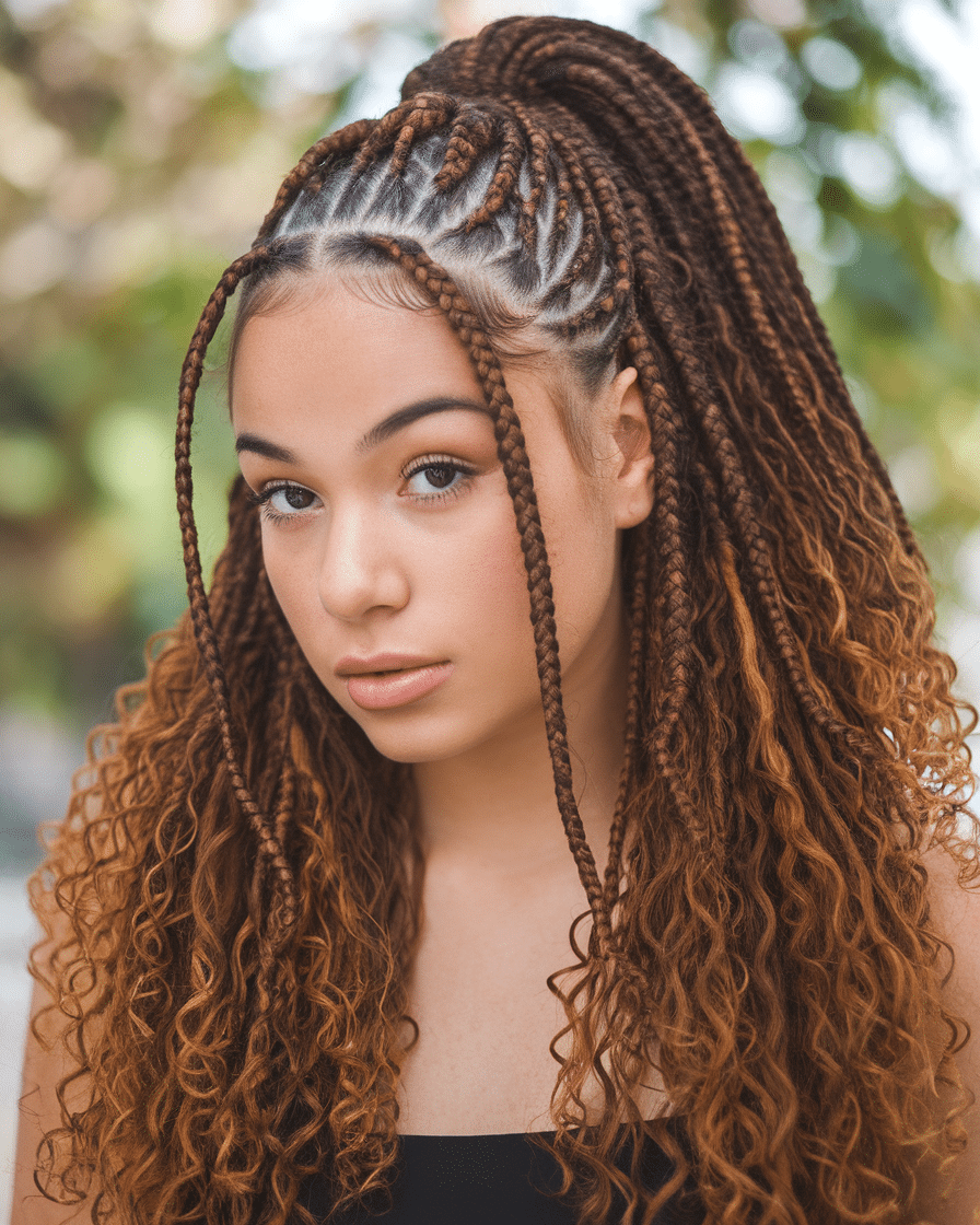 a-photo-of-a-young-female-woman-with-a-s_RROXo8pGTN2kObsTvx-dMQ_DQ5eDkyYSDih7-dk0JBoMw Top 25 Stunning Braids Hairstyles: Black Cornrows with Curls
