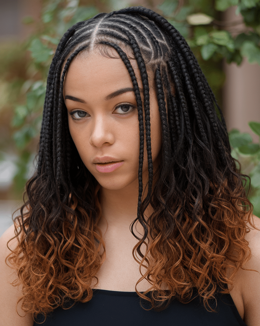 a-photo-of-a-young-female-woman-with-cla_WO2z2zR4TpqfmGx7wO8DJA_VzxOYceET4ORA3SDWNvydA Top 25 Stunning Braids Hairstyles: Black Cornrows with Curls