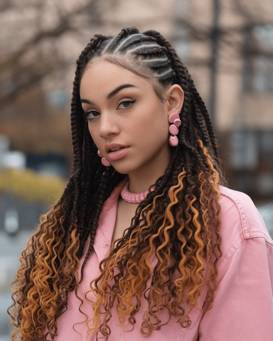a-photo-of-a-young-female-woman-with-cor_r3fWwDnGRGCXCzWwtW6E-w_6PTxL8aaTS6adQA-Z3ZnhA Top 25 Stunning Braids Hairstyles: Black Cornrows with Curls