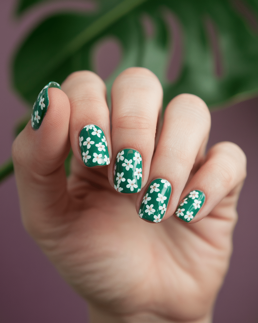 a-photo-of-a-hand-with-floral-emerald-na_XICvm0iPSe-03UTMZx98JQ_crS_R-2CS8aZ_Jc3amUSnQ 19 Glam Emerald Green Nails You’ll Totally Crush On
