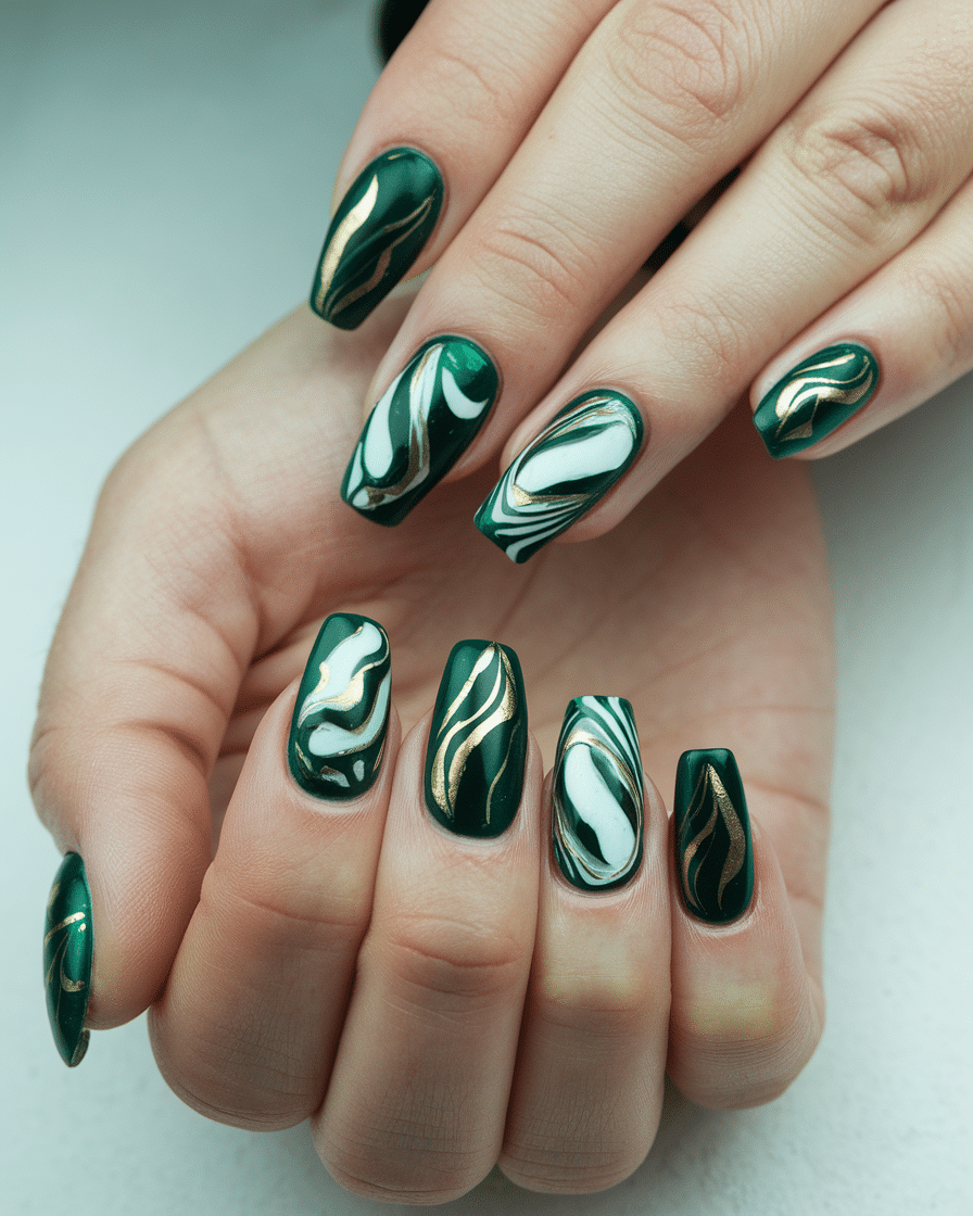 a-still-of-a-beautiful-hand-with-swirly-_UpO9sm--SWuXI4oLwshBRQ_gVZCKpIJQJy3nbVxdGD1lQ 19 Glam Emerald Green Nails You’ll Totally Crush On