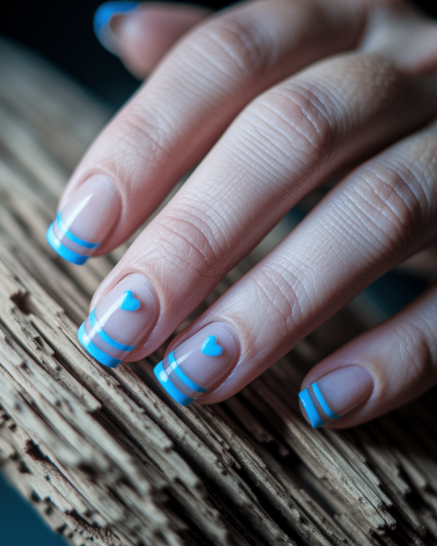 Elegant Minimalist Nail Trends with Blue French Tips and Heart Accents