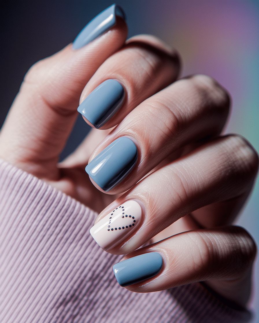Elegant Minimalist Nail Trends with Blue French Tips and Heart Accents