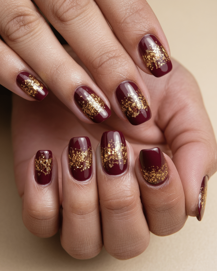 0002_4_a-photo-of-a-hand-with-nails-painted-in-_we7ZSSWSRICILaUdldWVaQ_ypR373oRRIaOVYFcfINuRA The Timeless Elegance of Burgundy and Gold Nails
