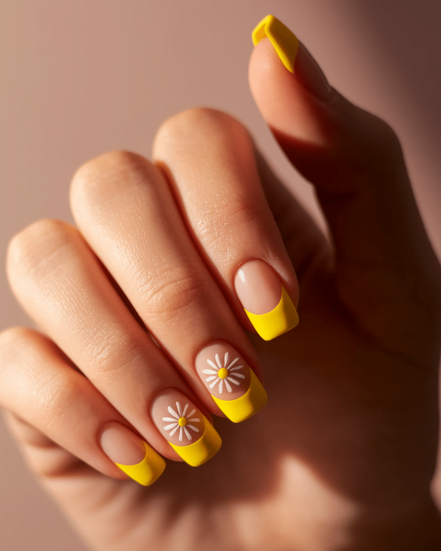Embrace the Glow of Spring with Yellow French Flower Nails