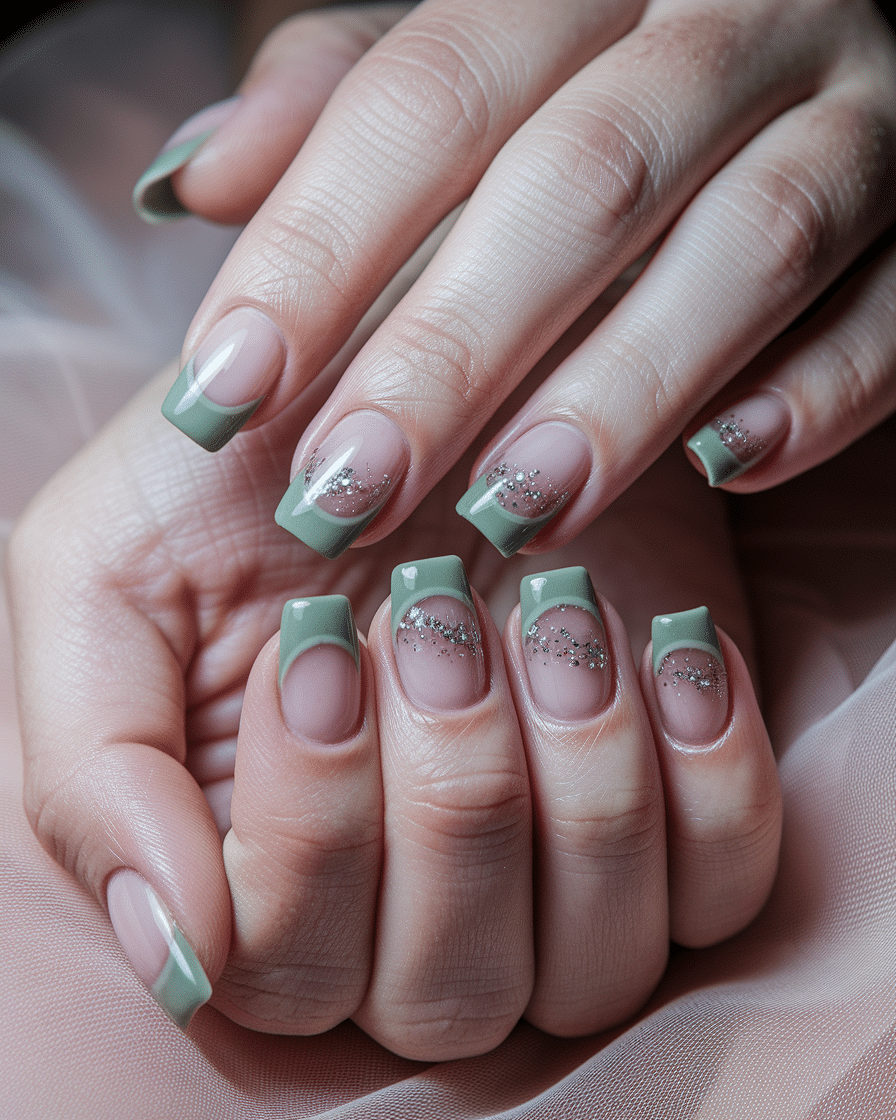 0003_3_a-beautifully-captured-photograph-of-a-g_prztkvkbQCyBYA40aerI-w_qrryui4ZRqGD58fnM9CKSQ Elegant and Earthy: The Rise of Soft Green French Nails with Glitter Accents in 2025