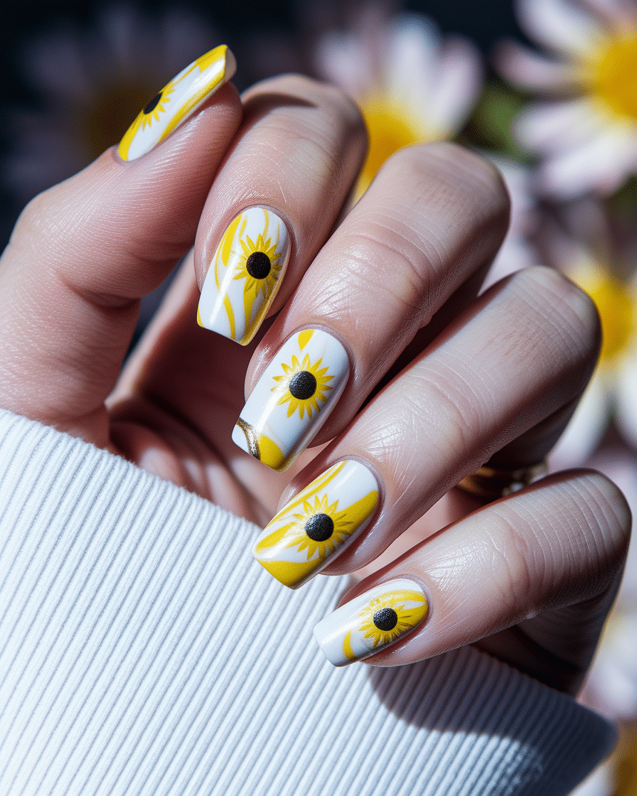 0003_3_a-close-up-photograph-captures-the-exqui_trfnKGYKSDO3nXHR_Ndmtg_2H3A-AsGQvuMGACLFSIirA Radiant Floral Nail Art: Embrace Sunshine with Yellow Sunflower Designs