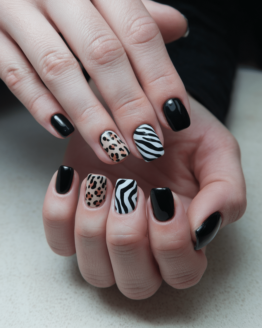 0003_4_a-photo-of-a-hand-with-black-animal-prin_rwUVV5XCT2ugtiymC6W7uA_SflnaiG0RSy4oyC4FG_U-Q The Timeless Allure of Black Nail Designs