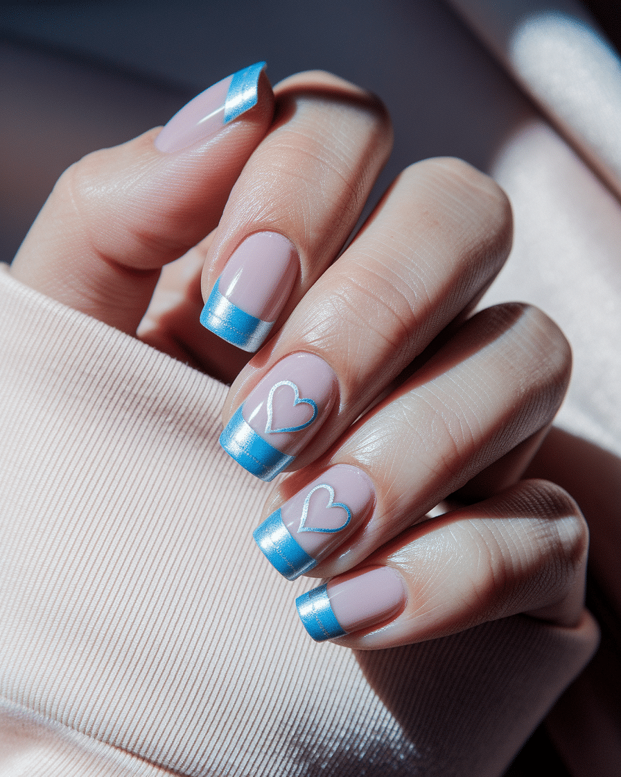 Elegant Minimalist Nail Trends with Blue French Tips and Heart Accents