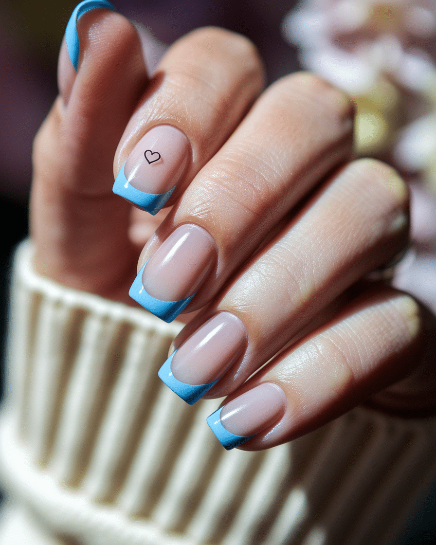 Elegant Minimalist Nail Trends with Blue French Tips and Heart Accents