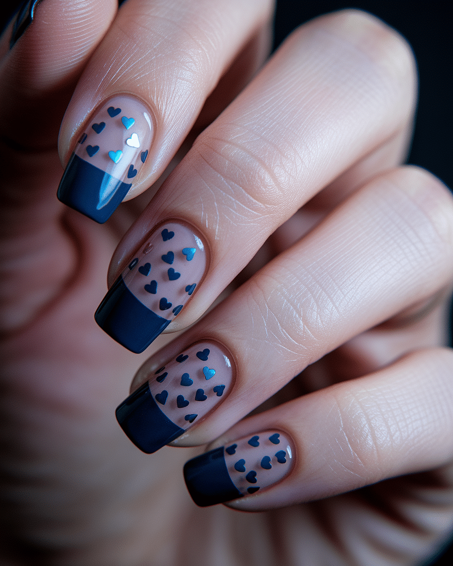 Elegant Minimalist Nail Trends with Blue French Tips and Heart Accents
