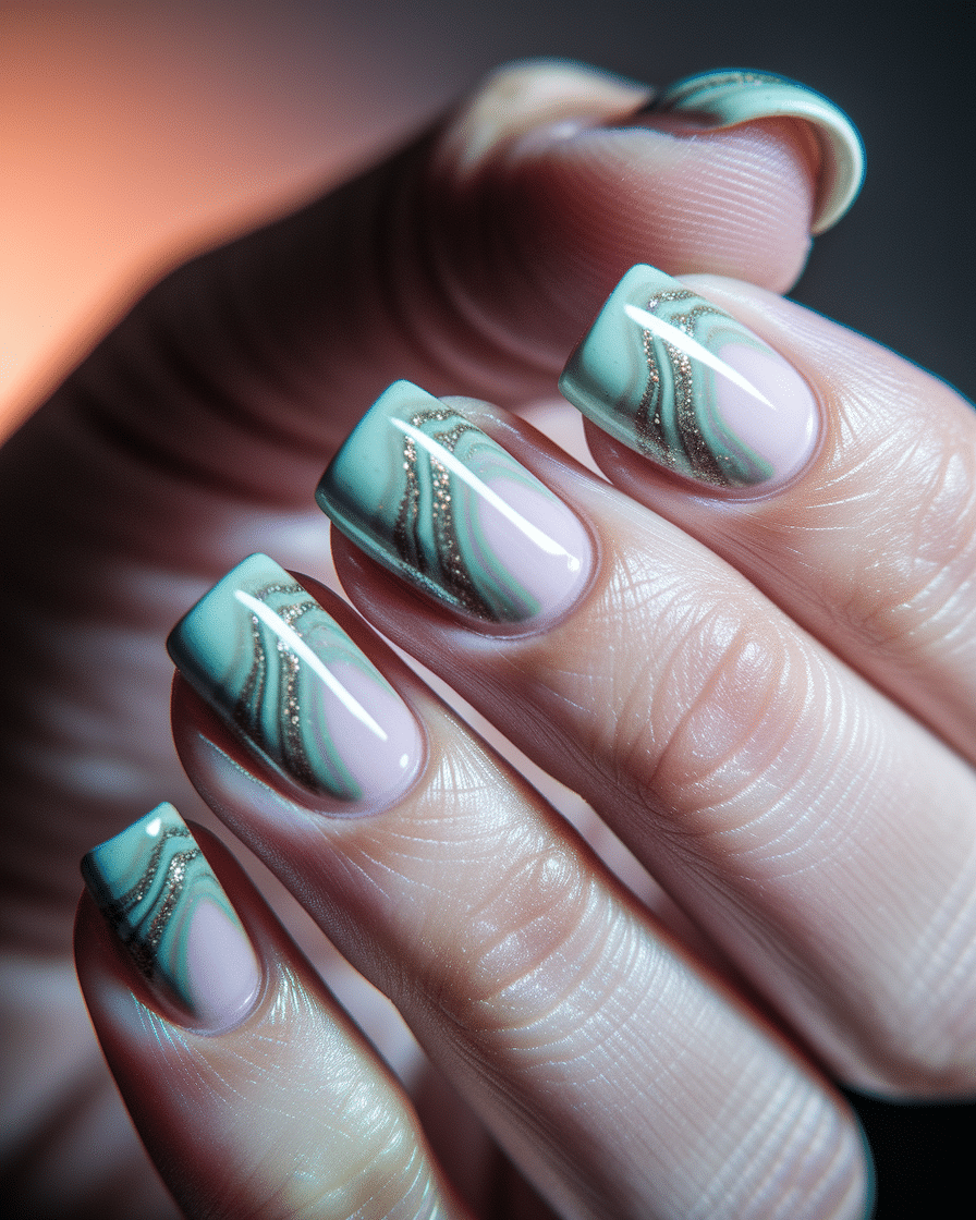 0006_2_a-close-up-photograph-of-a-beautifully-m_ydxy2zxpS8e7_y1psBI18Q_EssOo-kcRza1RI3p5VnImg Elegant and Earthy: The Rise of Soft Green French Nails with Glitter Accents in 2025