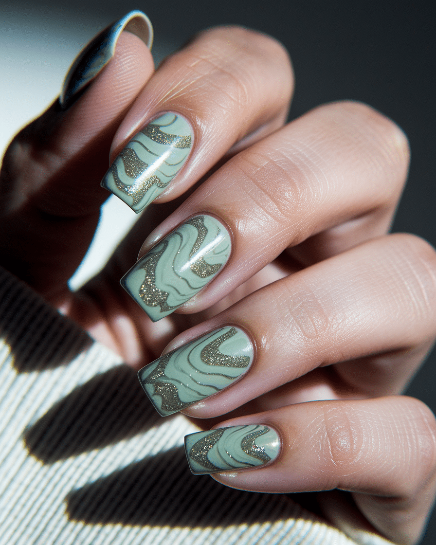 0006_3_a-close-up-photograph-captures-the-intri_zN9Hum9gQq-Kw2sL20MPxA_EssOo-kcRza1RI3p5VnImg Elegant and Earthy: The Rise of Soft Green French Nails with Glitter Accents in 2025