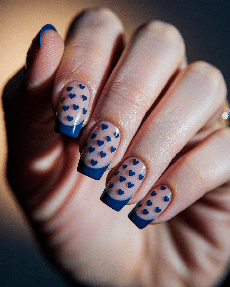 Elegant Minimalist Nail Trends with Blue French Tips and Heart Accents