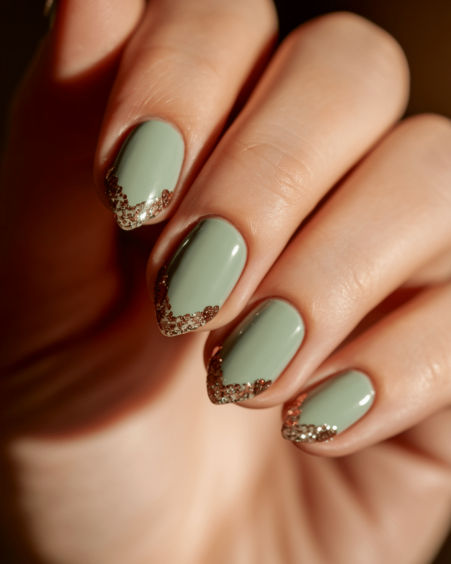 0008_1_a-close-up-photograph-of-a-beautiful-han_Tz0vaayRR2eLN_s0yBejDA_lYI09P87RqaVsQ4RUHn2Jg_cover Elegant and Earthy: The Rise of Soft Green French Nails with Glitter Accents in 2025