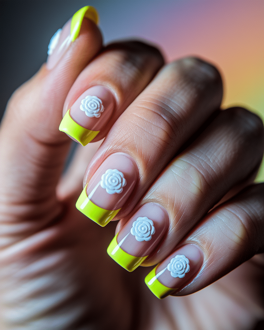 Embrace the Glow of Spring with Yellow French Flower Nails