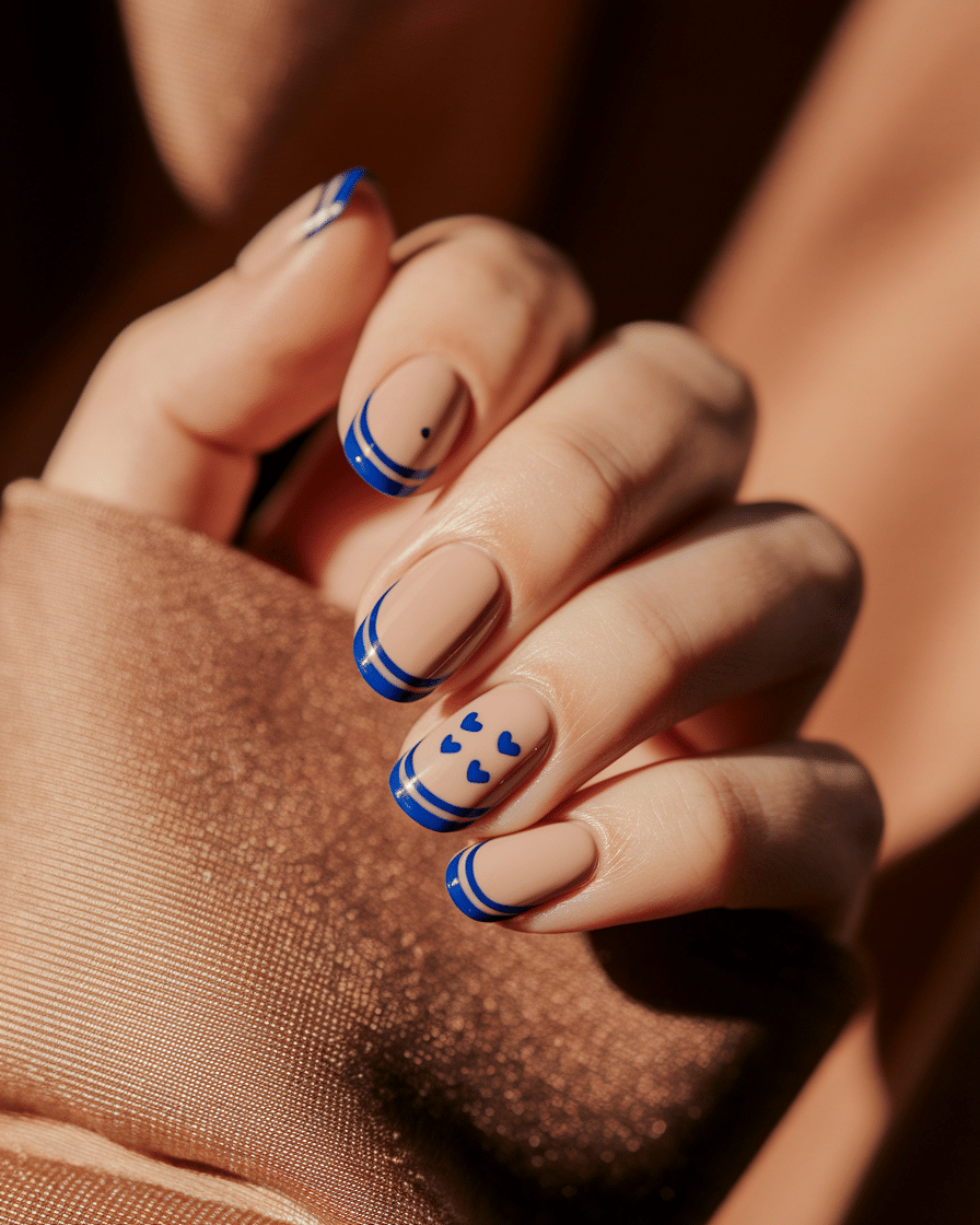 Elegant Minimalist Nail Trends with Blue French Tips and Heart Accents