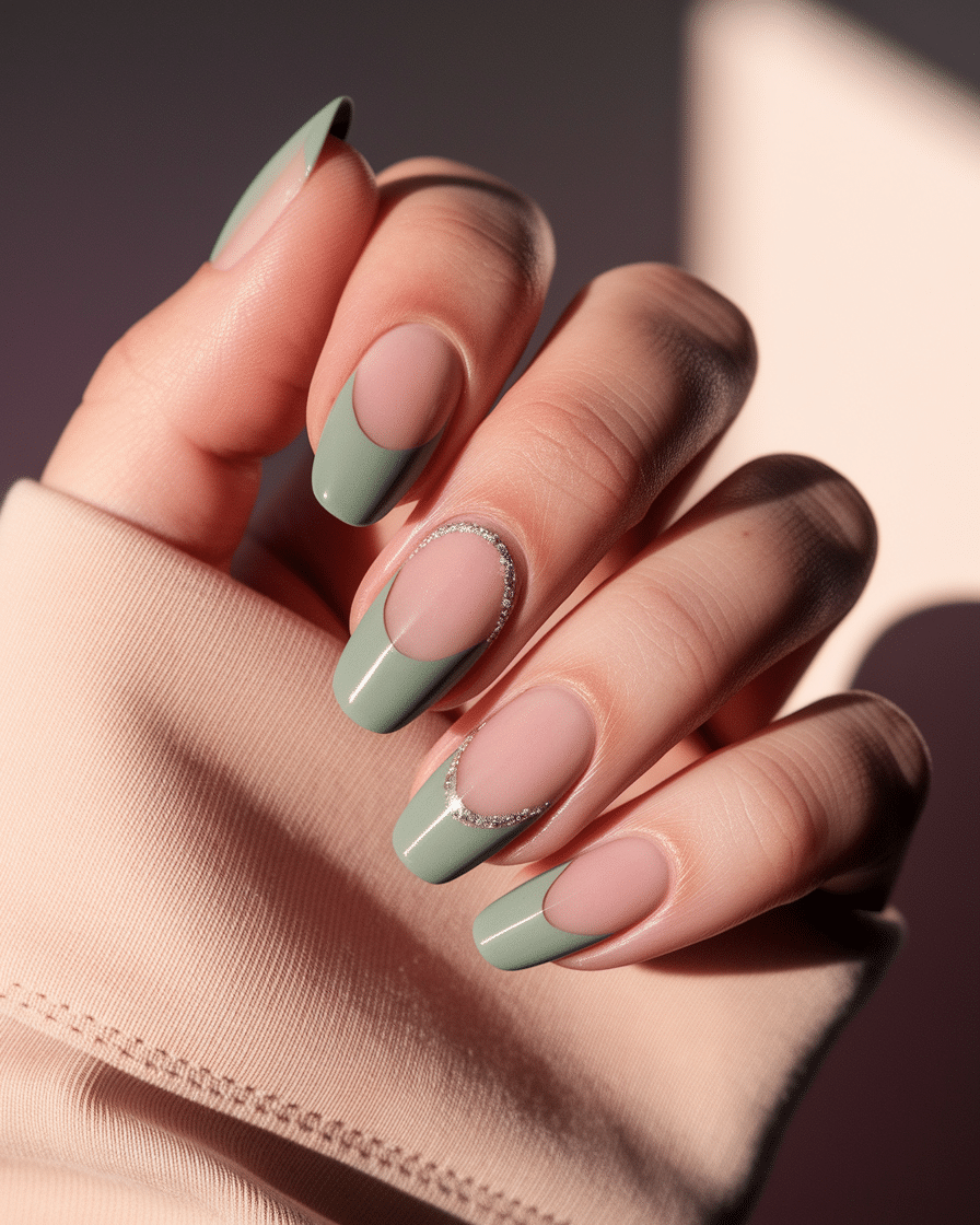 0010_2_a-beautiful-hand-with-nails-painted-in-a_DgLzifSbQpa-rFNbjTLgbw_gwkYoKeCTCqflBM20P52RA Elegant and Earthy: The Rise of Soft Green French Nails with Glitter Accents in 2025