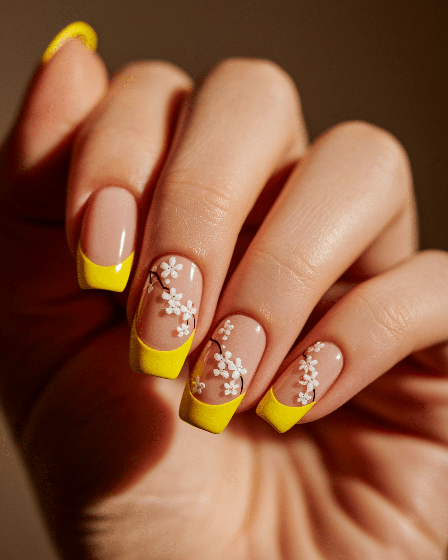 Embrace the Glow of Spring with Yellow French Flower Nails