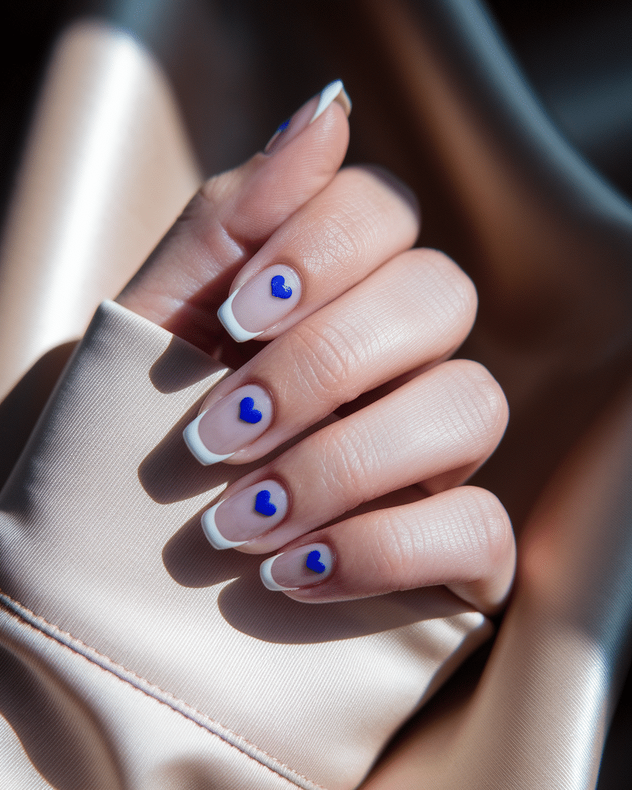 Elegant Minimalist Nail Trends with Blue French Tips and Heart Accents
