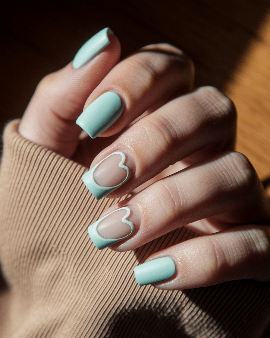 Elegant Minimalist Nail Trends with Blue French Tips and Heart Accents