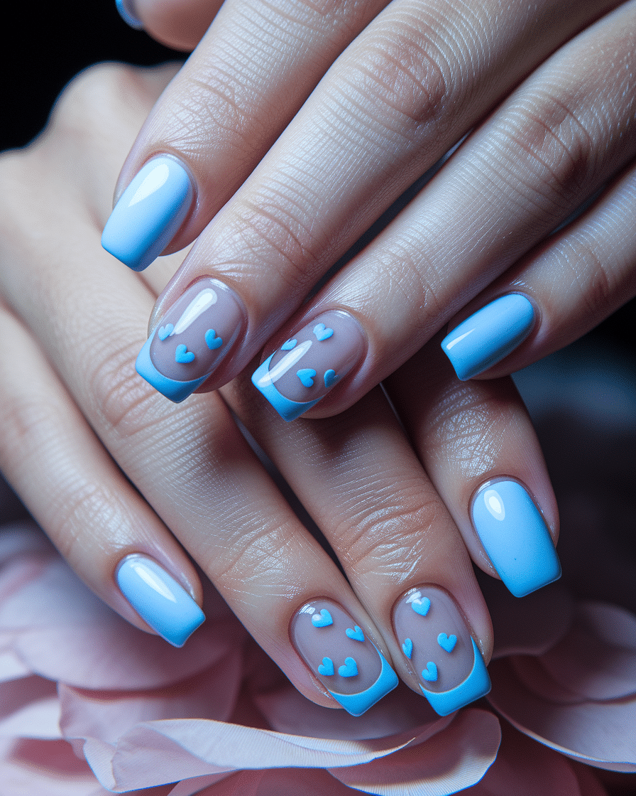 Elegant Minimalist Nail Trends with Blue French Tips and Heart Accents