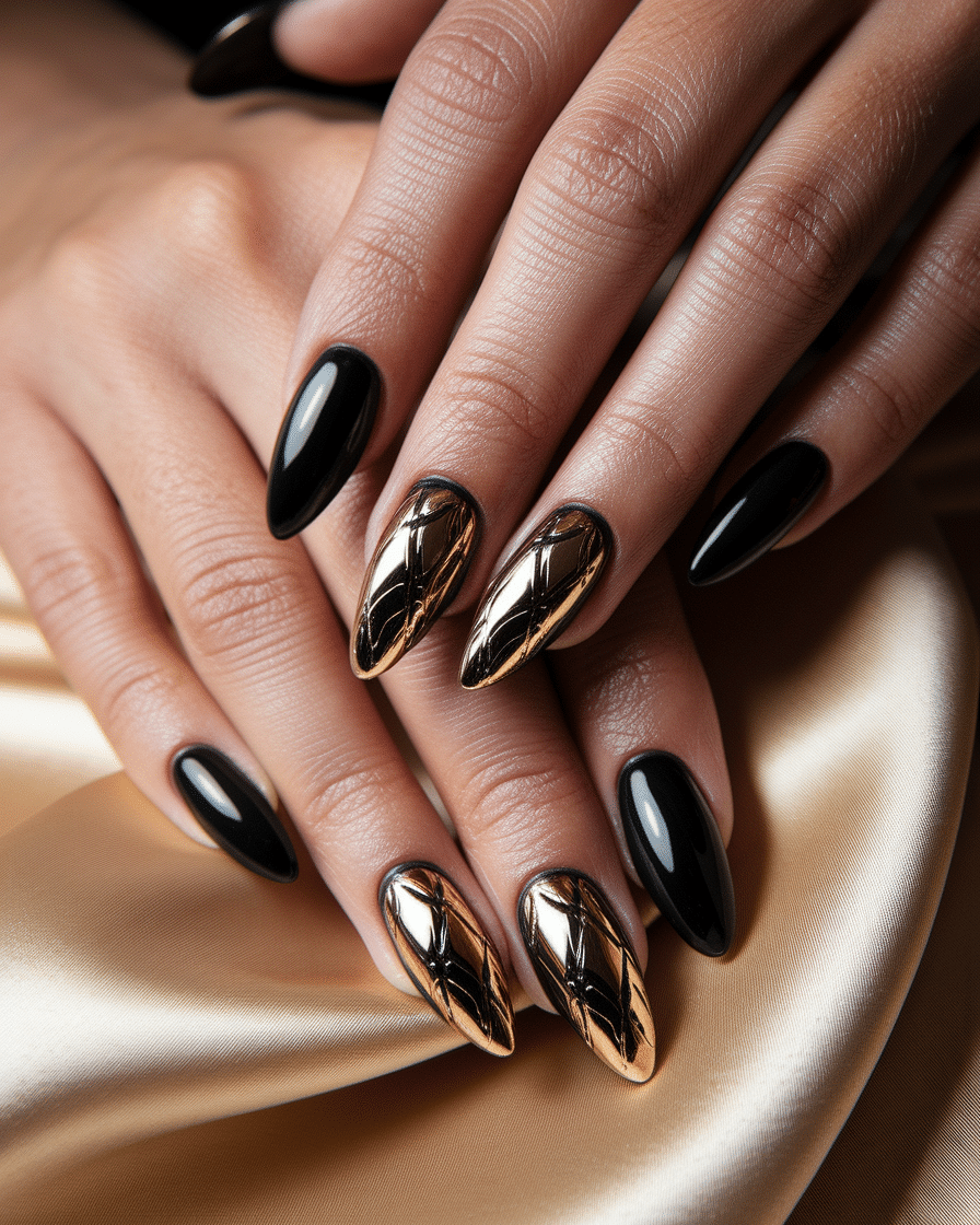 0013_2_a-close-up-photograph-of-a-beautiful-han_q0OxKNsrTdCtDacWVGlslQ_bg6FVmxQRFmud0cojEpPow The Allure of Metallic Elegance: Embracing Gold Chrome Almond Nails