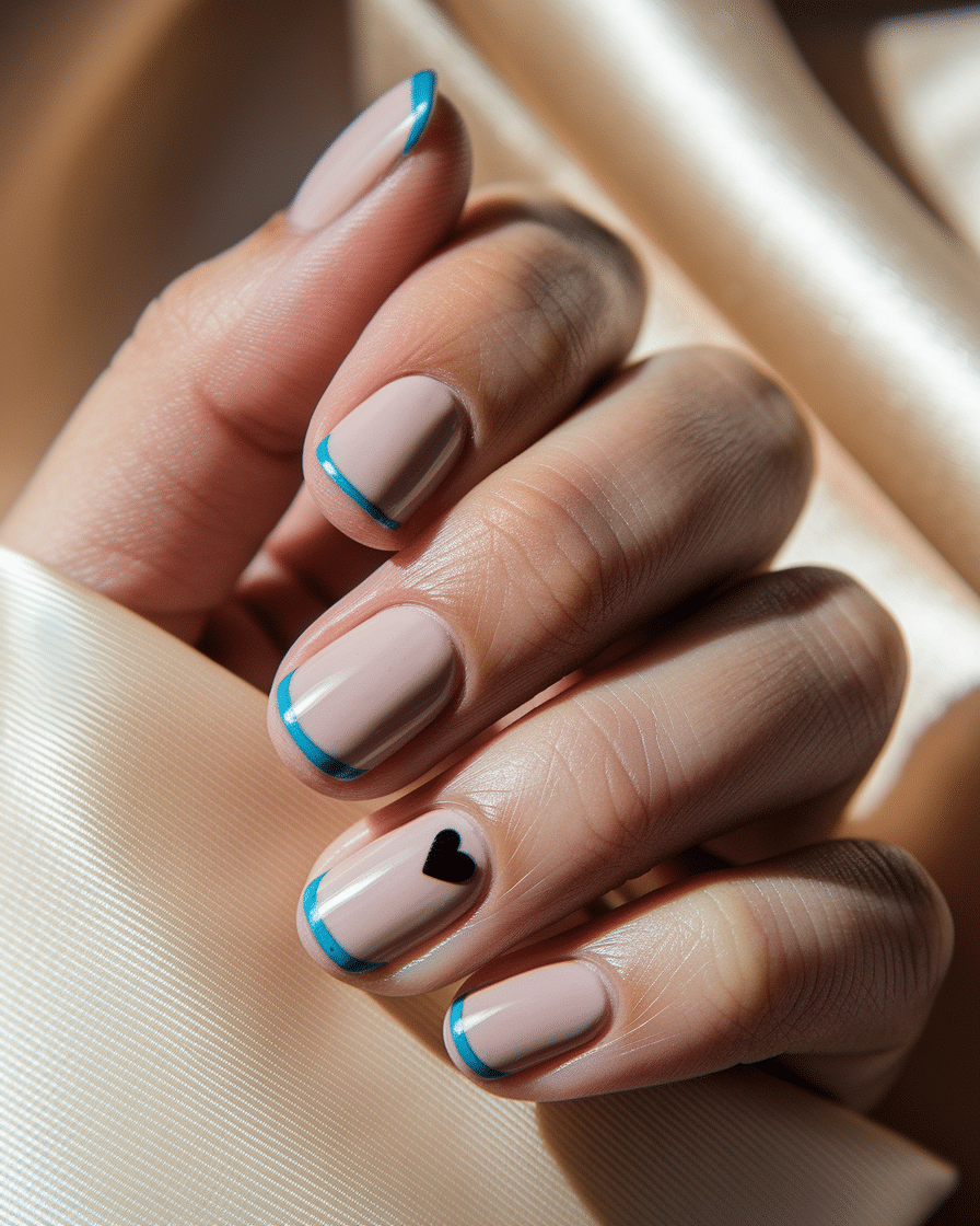 Elegant Minimalist Nail Trends with Blue French Tips and Heart Accents