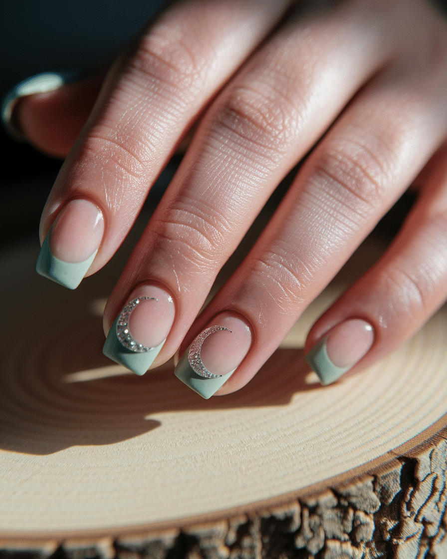 0015_3_a-close-up-photograph-captures-a-beautif_y6omvfW6Sv-LYe_9JK8d8Q_7dncHFobQeyS9XKa4XkhoQ Elegant and Earthy: The Rise of Soft Green French Nails with Glitter Accents in 2025