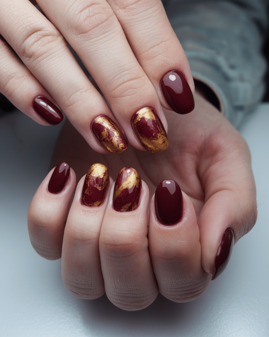 0015_3_a-photo-of-a-hand-with-burgundy-and-gold_Xt6u3V59Tm2Kpaa52sphGA_v003dFpyQi2SiCU06AymvQ The Timeless Elegance of Burgundy and Gold Nails