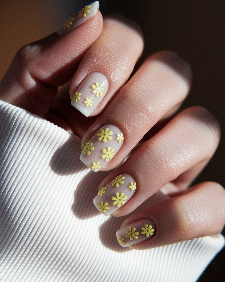 Embrace the Glow of Spring with Yellow French Flower Nails