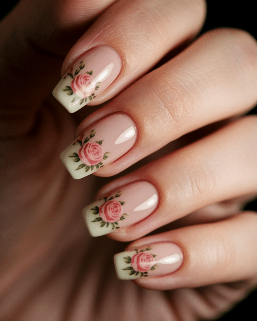Elegant Floral French Tip Nails That Add a Feminine Touch to Your Look