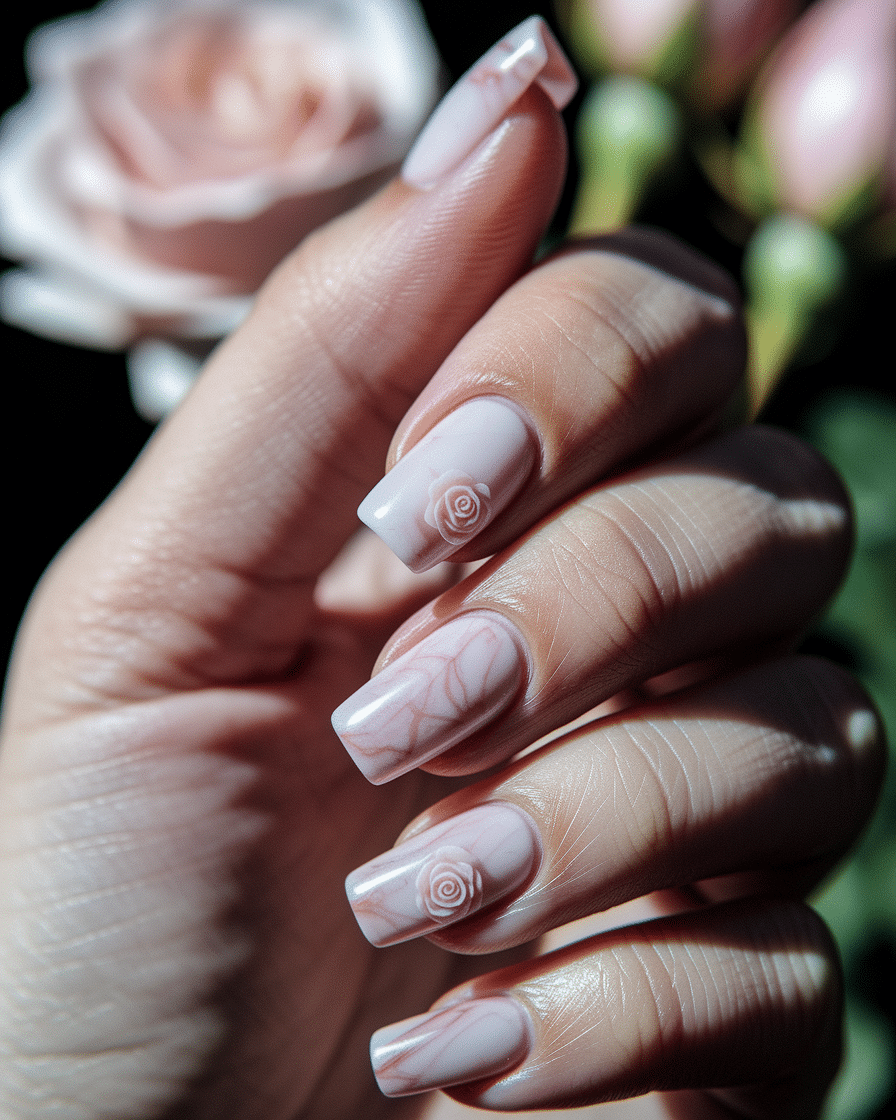 0005_2_a-close-up-photograph-captures-the-exqui_JAcBShd8RkC13wMBkEvopg_rLisaUZNRludXL6DzqrbNw Romantic Floral Nail Designs for a Timeless French Tip Look