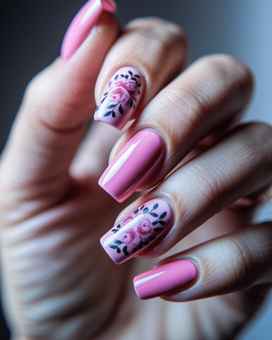 0005_2_a-close-up-photograph-of-a-hand-with-ele_ReI5WrO5Sla7bPINL-rVUw_dLnimAqORQCDwJQcy9v20A Floral Nail Art Ideas That Make Pink Acrylics Perfect for Summer