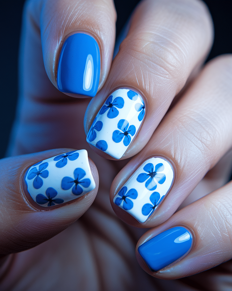 Elegant Floral Nail Designs with a Fresh Blue Twist