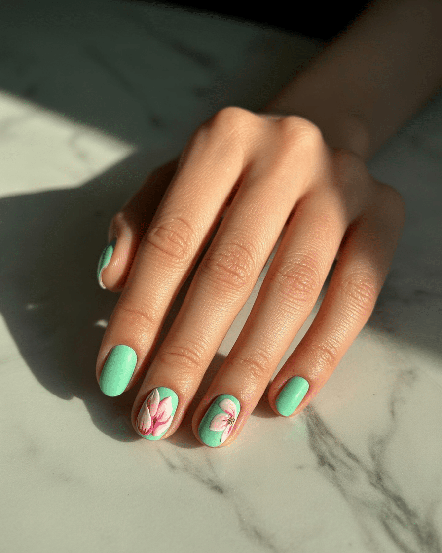 0005_3_a-photograph-of-a-manicured-hand-elegant_hcT8dU3wT9O4fUTRPNX67g_LOmye0FHTJyiwDcMimv_Iw Embracing Natural Elegance: The Rise of Matte Green and Floral Nail Designs in 2025