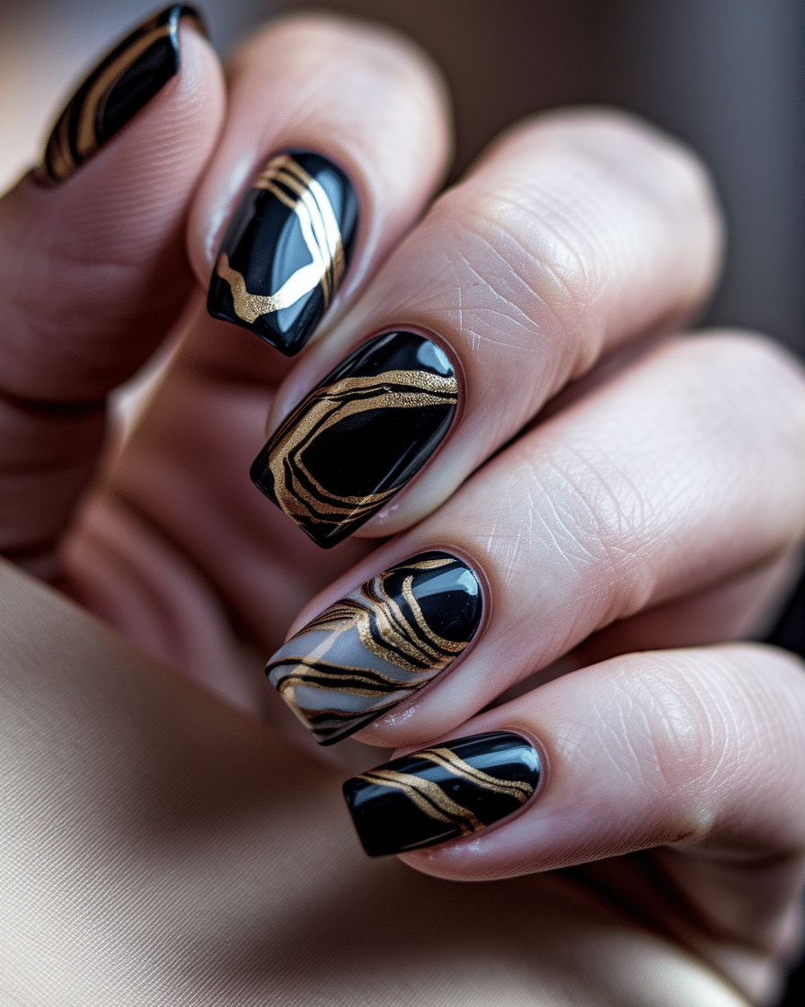 0006_3_a-close-up-photograph-captures-the-intri_ZRMx7EC7SQiGxrYbEo24Qw_9XpZdc8lTCa_ePqdCU7s2A How to Elevate Your Manicure with Timeless Black and Gold Nail Designs
