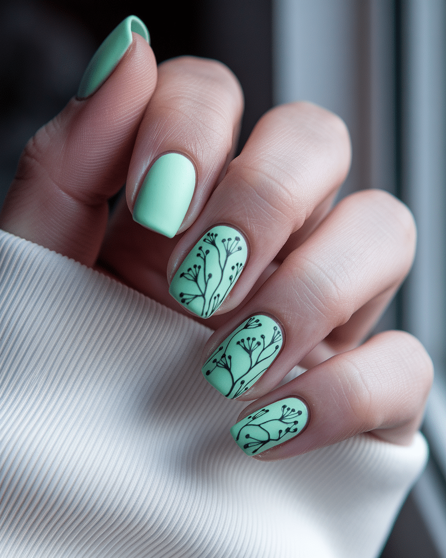0007_2_a-close-up-photograph-captures-a-beautif_KKXbDcb3Sxap5P233m_q4g_9CMz7SKWR_ua9RWeAaWKww Elegant Green Nail Designs with Subtle Floral Accents for a Soft Statement Look