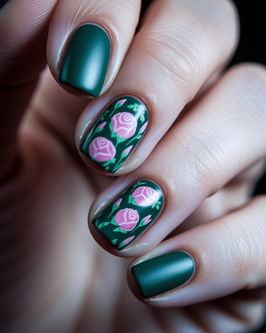 Elegant Green Nail Designs with Subtle Floral Accents for a Soft Statement Look
