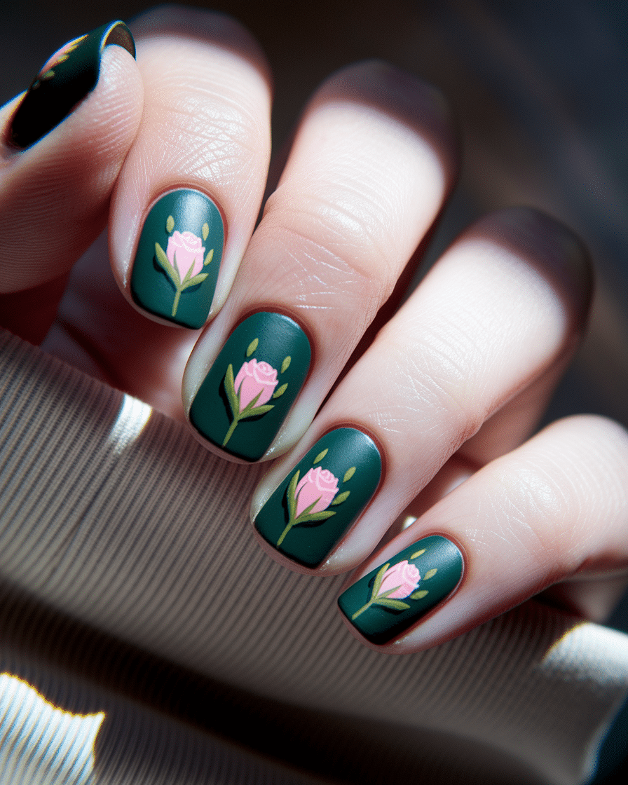 0008_3_a-close-up-photograph-captures-a-hand-wi_rivzqgrBRk6dTA0yRKmoWQ_TtysjxQtTP-cr8kYTaw_6w Elegant Green Nail Designs with Subtle Floral Accents for a Soft Statement Look