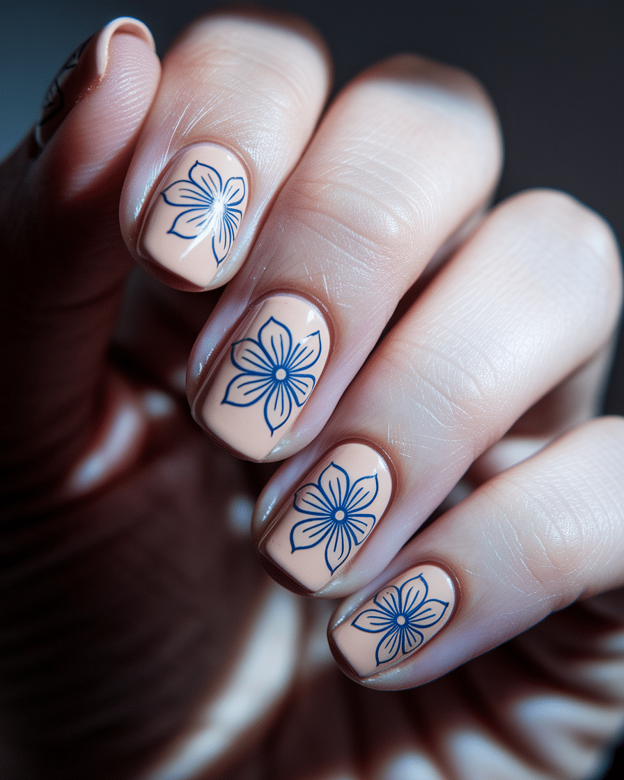 0011_3_a-close-up-photograph-of-a-hand-with-per_cy8TRtcxTLCQkh1rugfwFQ_LYi3uUd5RUCUHliJ4Qhd0A Discover the Beauty of Blue Flower Nail Designs with a Minimalist Twist