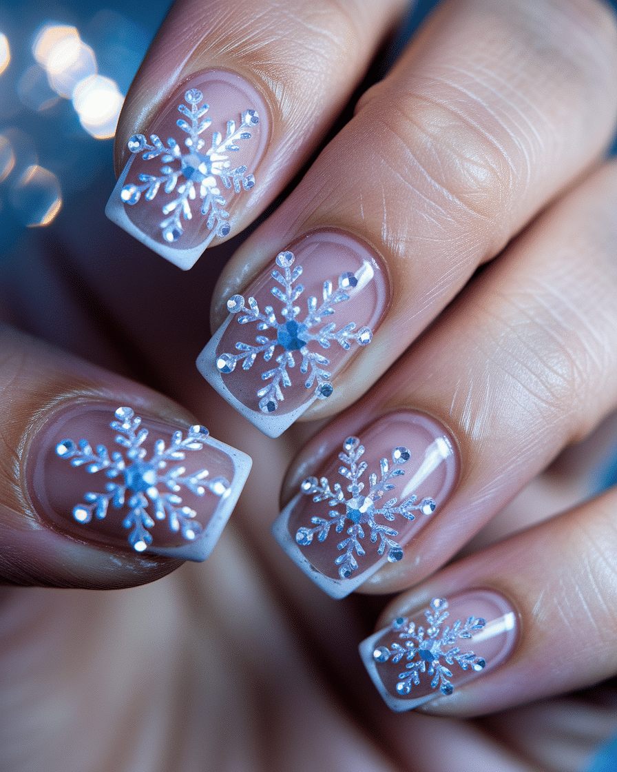 Elegant Winter Nail Designs with Blue and White Tones