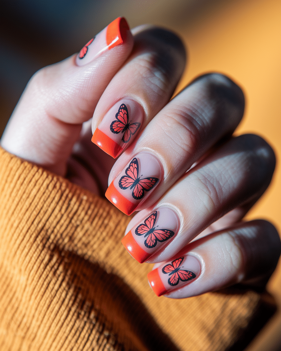 Colorful Butterfly Nail Designs with a French Tip Twist
