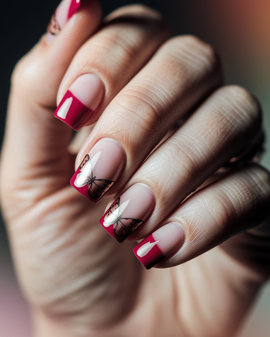 Colorful Butterfly Nail Designs with a French Tip Twist