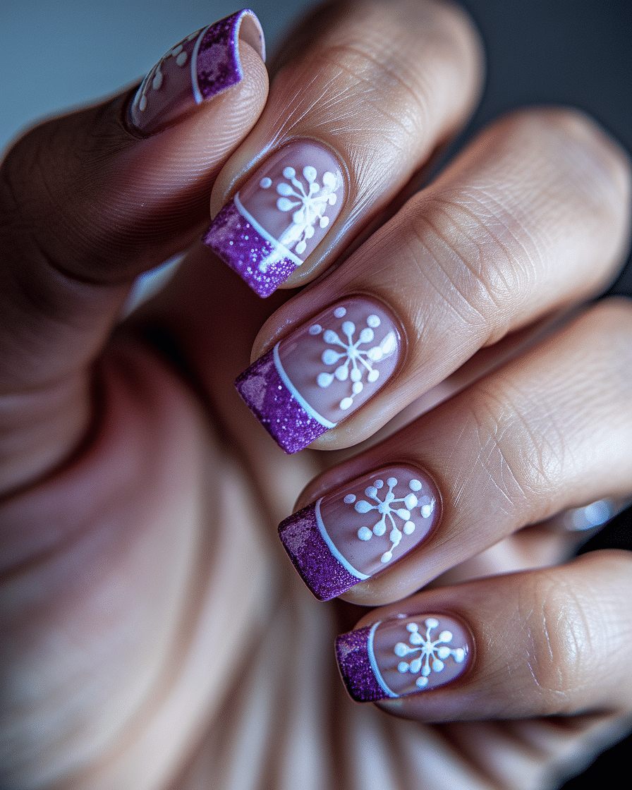 Elegant French Nail Designs with Floral and Purple Accents