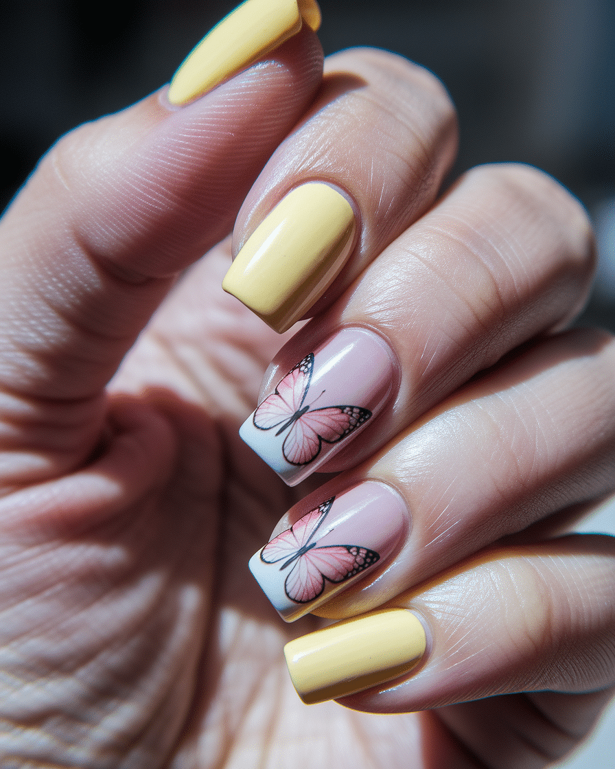 Colorful Butterfly Nail Designs with a French Tip Twist
