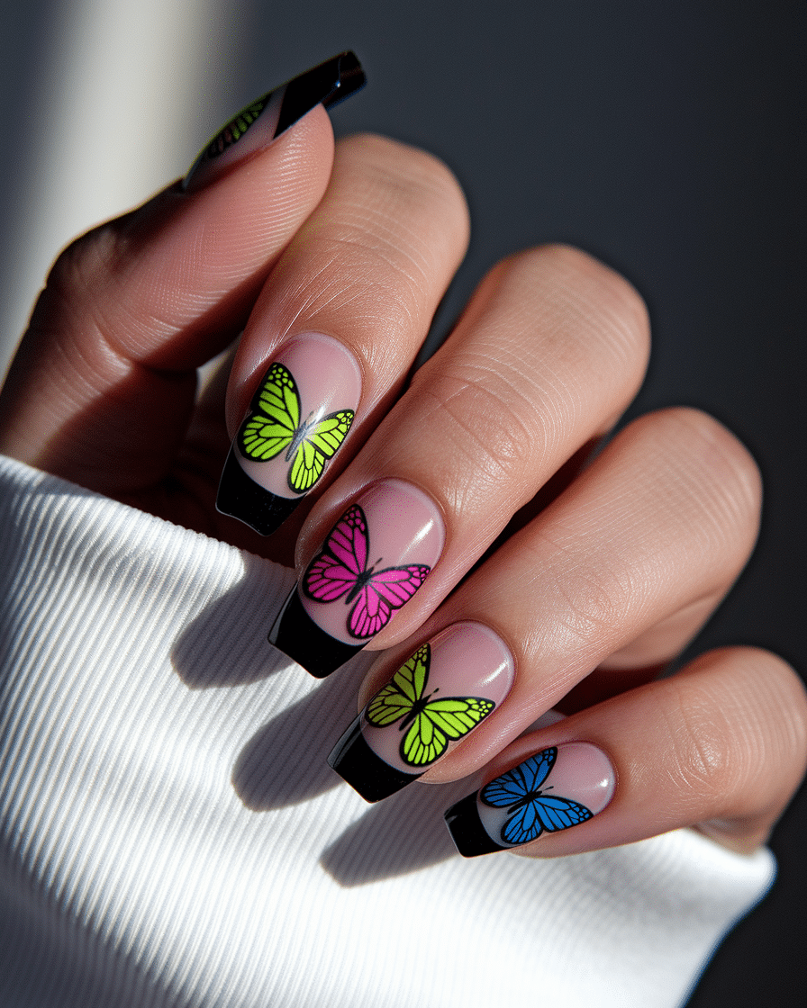 Colorful Butterfly Nail Designs with a French Tip Twist